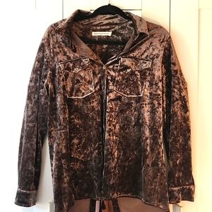 Brown crushed velvet button down blouse, ties in back